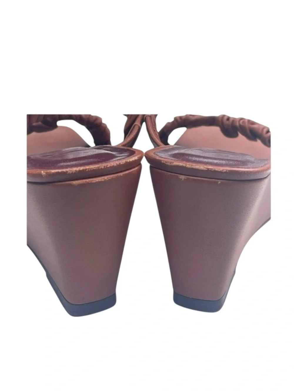 Staud 𒀭 Frankie Ruched 2 Strap Wedge Heel Sandals 𒀭Brown Leather 𒀭36 5.5M 6M